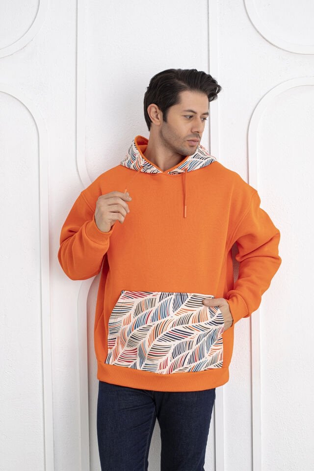 0068 Kapşon & Cep Yaprak Desenli Unisex Turuncu Sweat