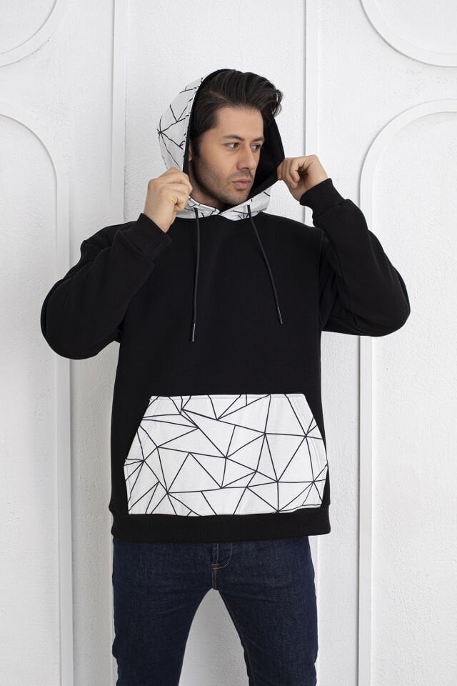 0069 Cep & Kapşon Mozaik Desenli Unisex Sweat Siyah & Beyaz