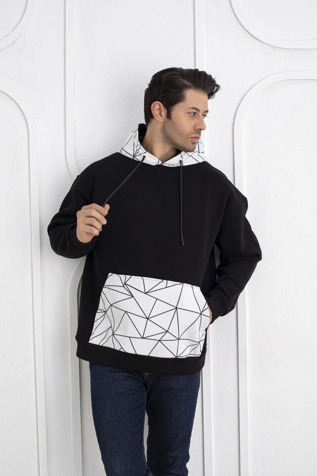 0069 Cep & Kapşon Mozaik Desenli Unisex Sweat Siyah & Beyaz